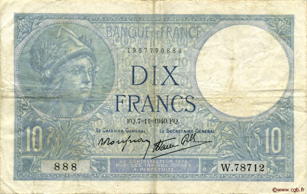 10 Francs MINERVE modifié FRANCE  1940 F.07.19 TB+