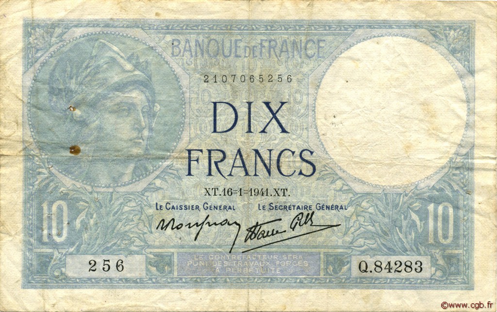 10 Francs MINERVE modifié FRANCE  1941 F.07.28 TB