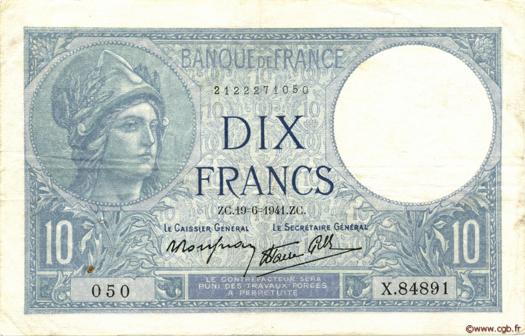 10 Francs MINERVE modifié FRANCE  1941 F.07.29 TTB