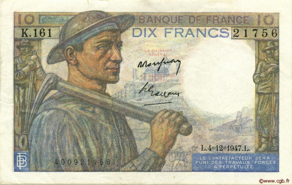 10 Francs MINEUR FRANKREICH  1947 F.08.19 VZ to fST