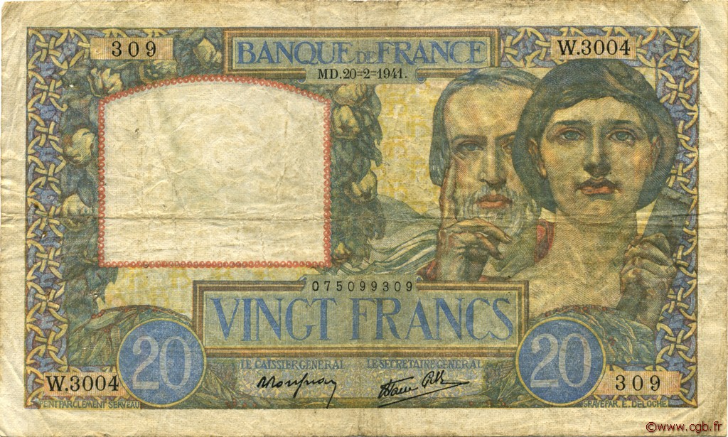 20 Francs TRAVAIL ET SCIENCE FRANCE  1941 F.12.12 B+