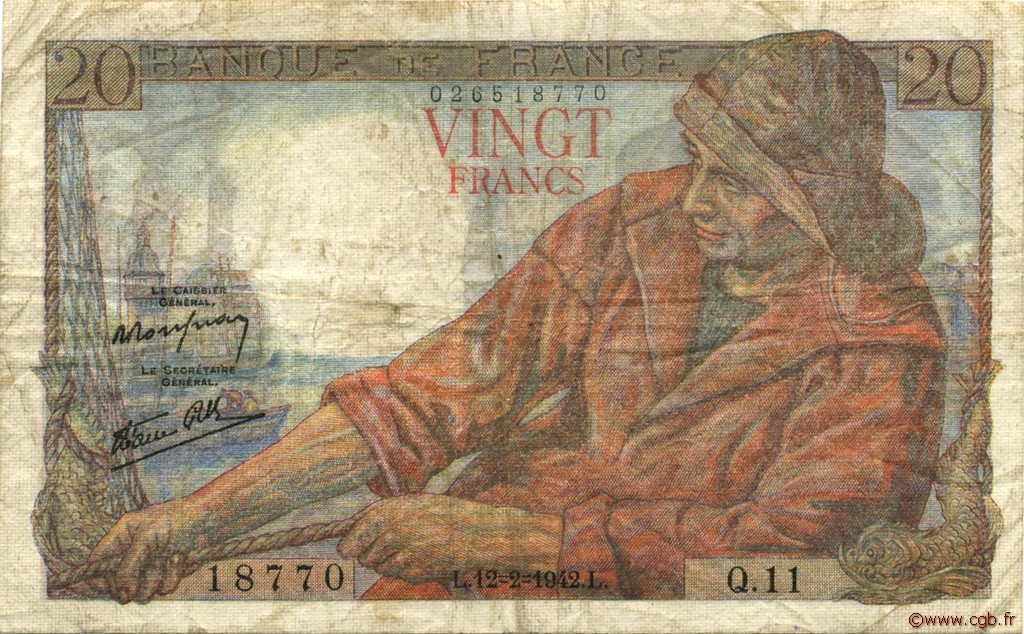 20 Francs PÊCHEUR FRANCE  1942 F.13.01 B+