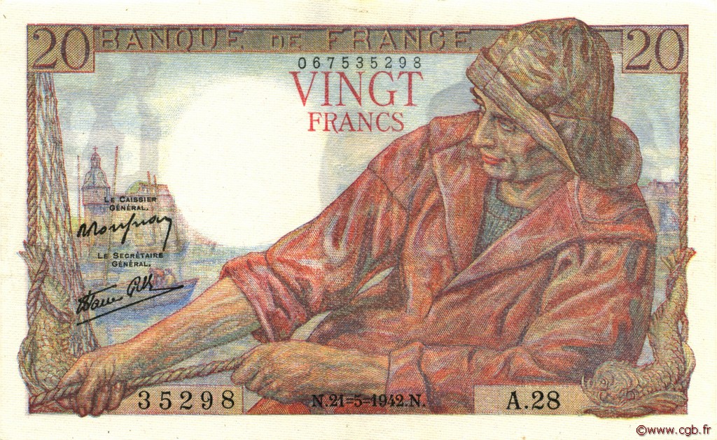 20 Francs PÊCHEUR FRANCE  1942 F.13.02 SUP