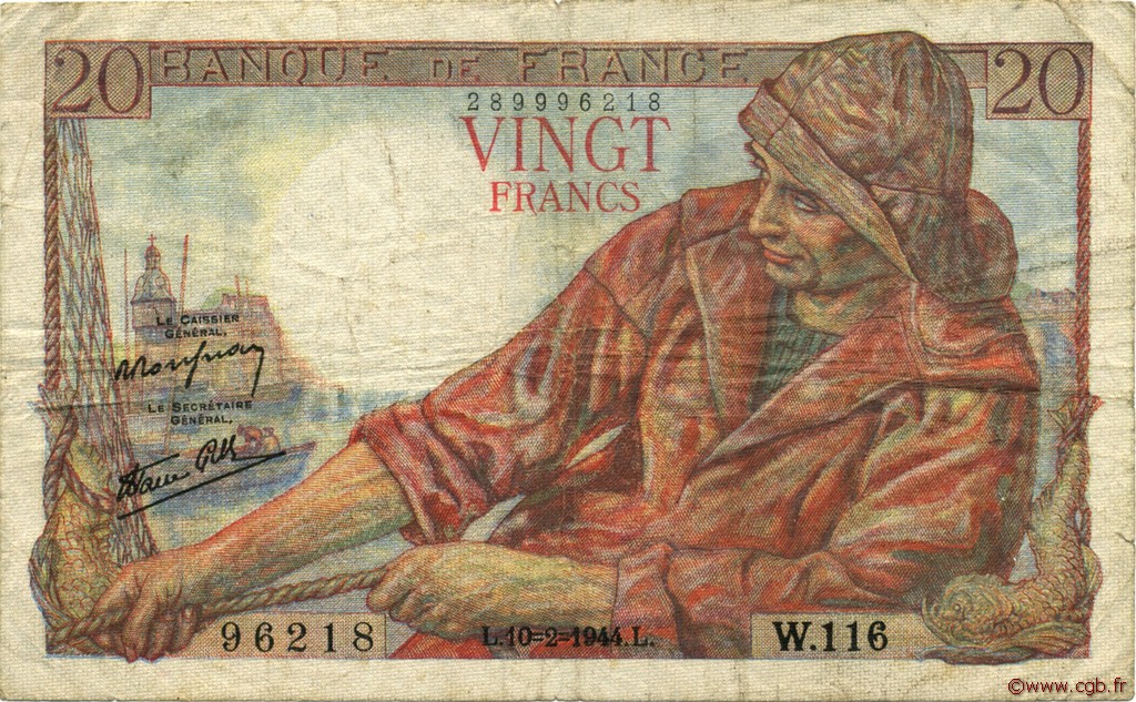 20 Francs PÊCHEUR FRANCE  1944 F.13.08 TB+