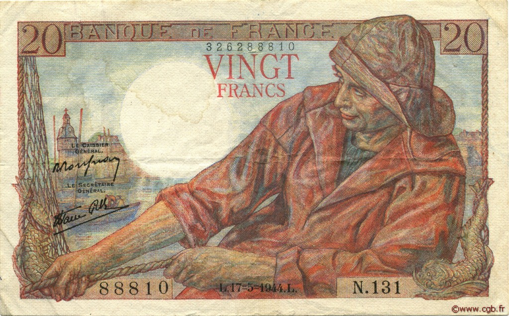 20 Francs PÊCHEUR FRANCE  1944 F.13.09 pr.TTB