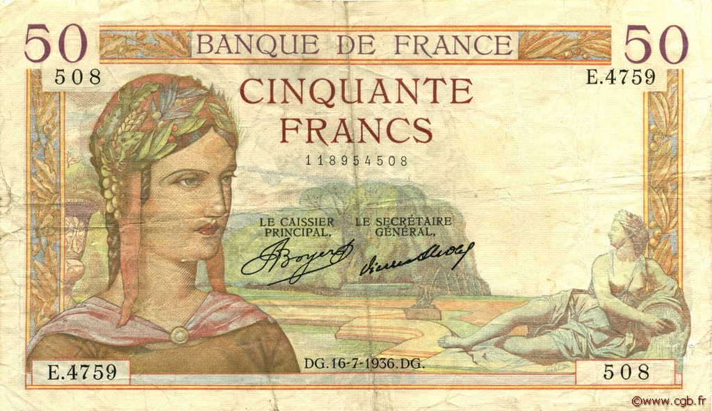 50 Francs CÉRÈS FRANKREICH  1936 F.17.28 S to SS
