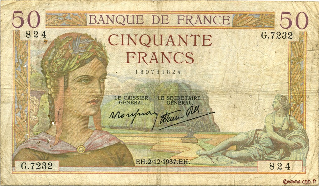 50 Francs CÉRÈS modifié FRANCE  1937 F.18.05 B