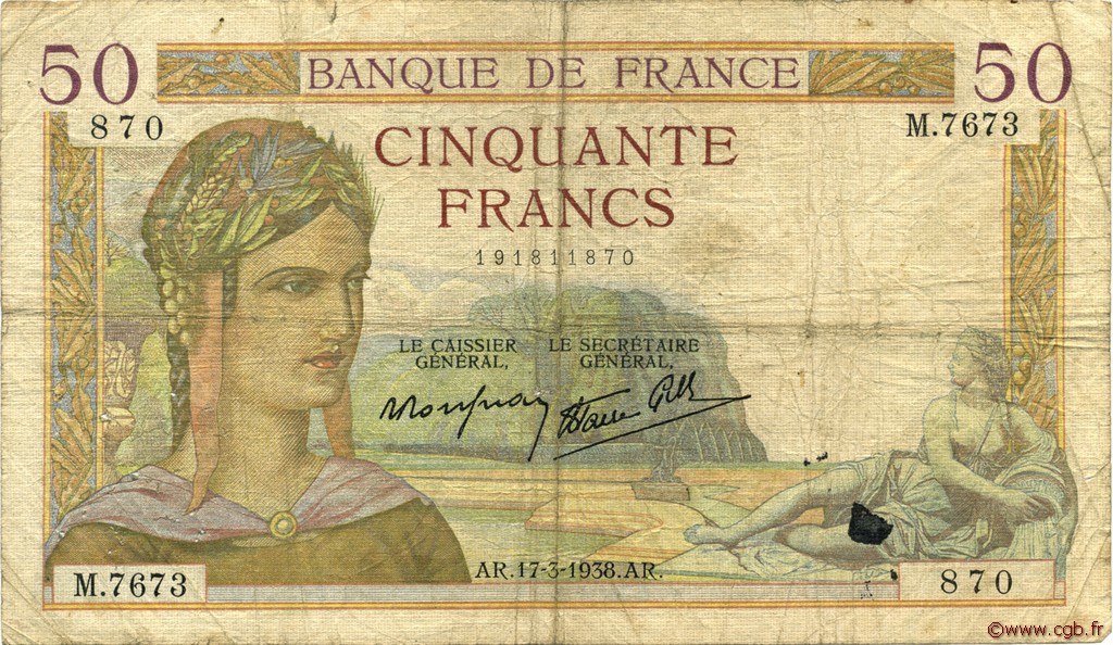 50 Francs CÉRÈS modifié FRANCE  1938 F.18.10 B