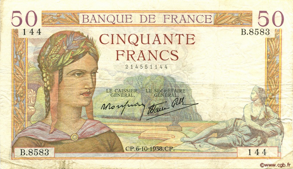 50 Francs CÉRÈS modifié FRANCE  1938 F.18.15 TB