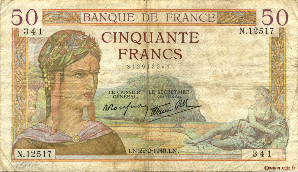 50 Francs CÉRÈS modifié FRANCE  1940 F.18.39 pr.TB