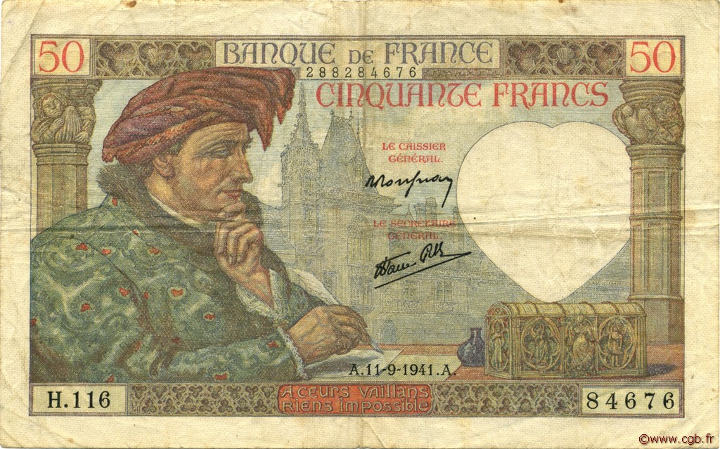 50 Francs JACQUES CŒUR FRANCE  1941 F.19.14 pr.TTB