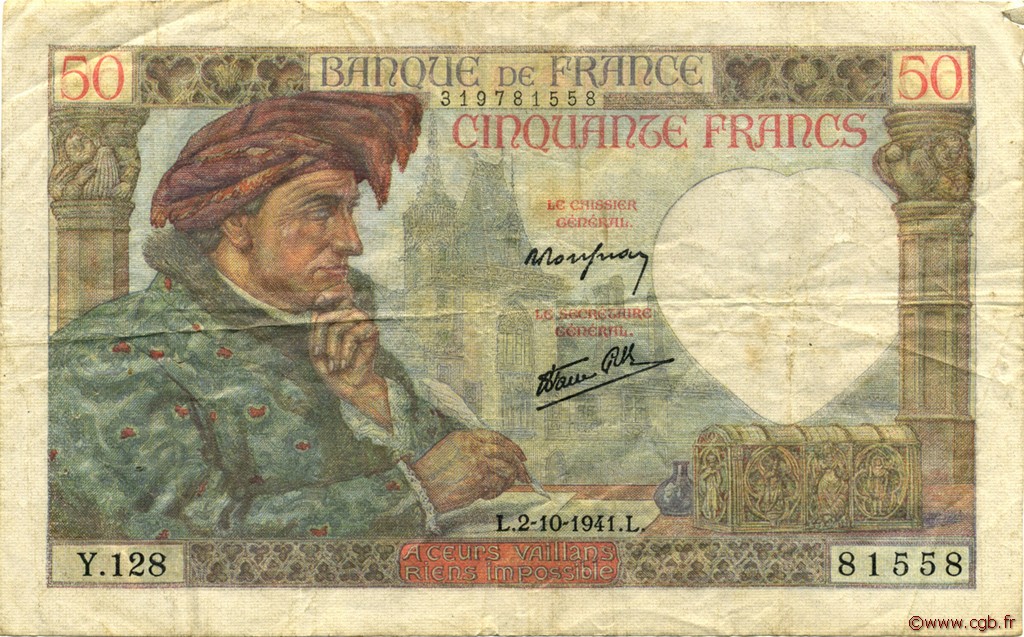 50 Francs JACQUES CŒUR FRANCE  1941 F.19.15 TB+