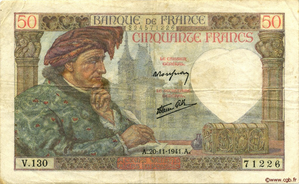 50 Francs JACQUES CŒUR FRANCE  1941 F.19.16 pr.TTB
