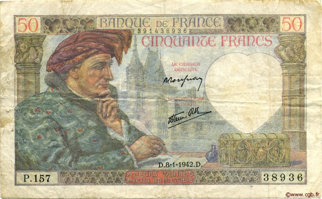 50 Francs JACQUES CŒUR FRANCE  1942 F.19.18 TB+