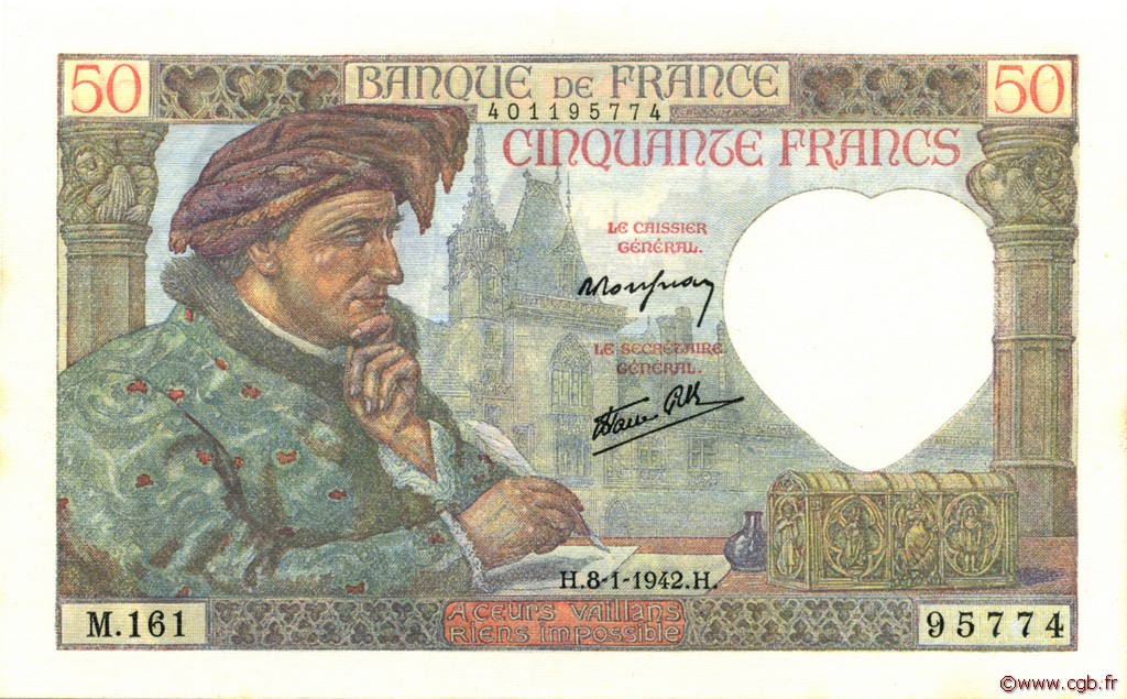 50 Francs JACQUES CŒUR FRANCE  1942 F.19.18 NEUF