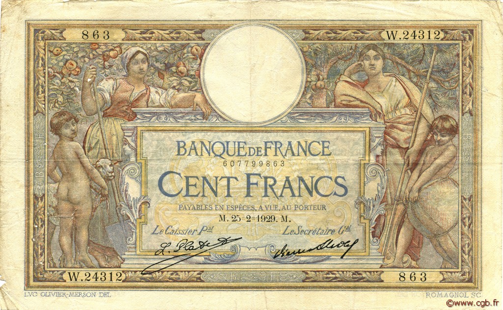 100 Francs LUC OLIVIER MERSON grands cartouches FRANCE  1929 F.24.08 B à TB