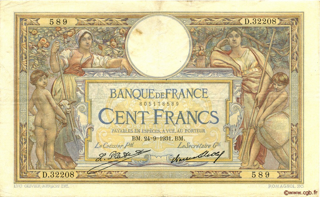 100 Francs LUC OLIVIER MERSON grands cartouches FRANCE  1931 F.24.10 TB