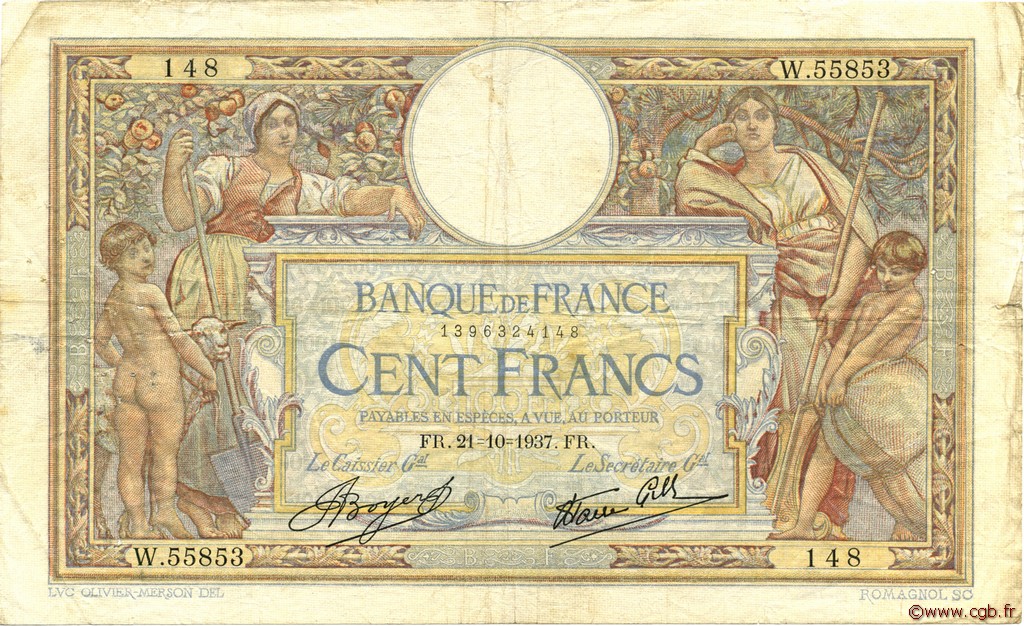 100 Francs LUC OLIVIER MERSON type modifié FRANCE  1937 F.25.03 TB
