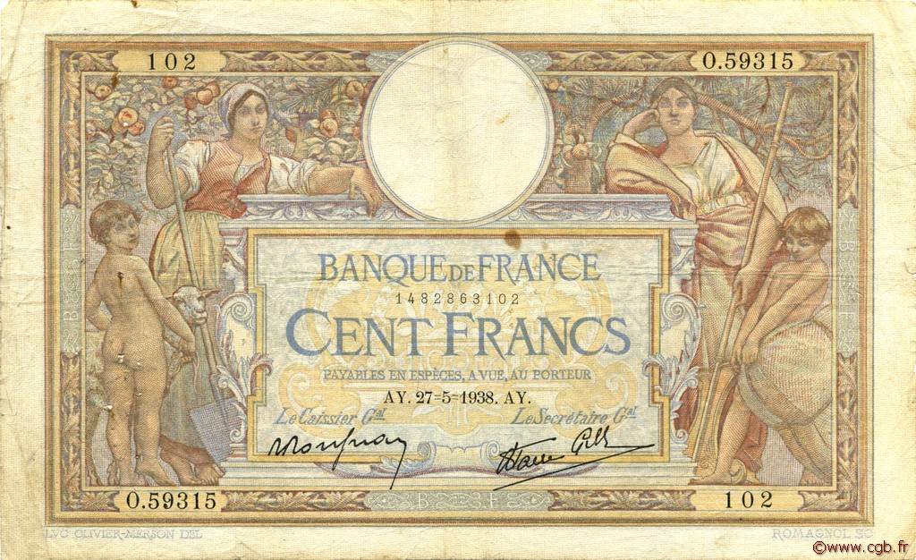 100 Francs LUC OLIVIER MERSON type modifié FRANCE  1938 F.25.20 B