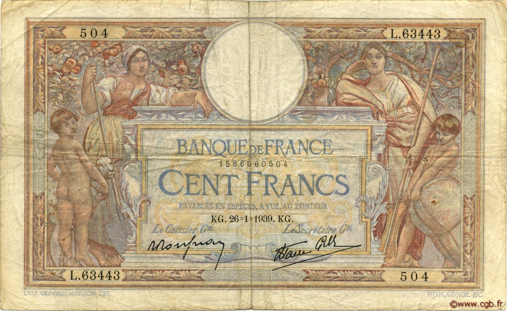 100 Francs LUC OLIVIER MERSON type modifié FRANCE  1939 F.25.40 B+
