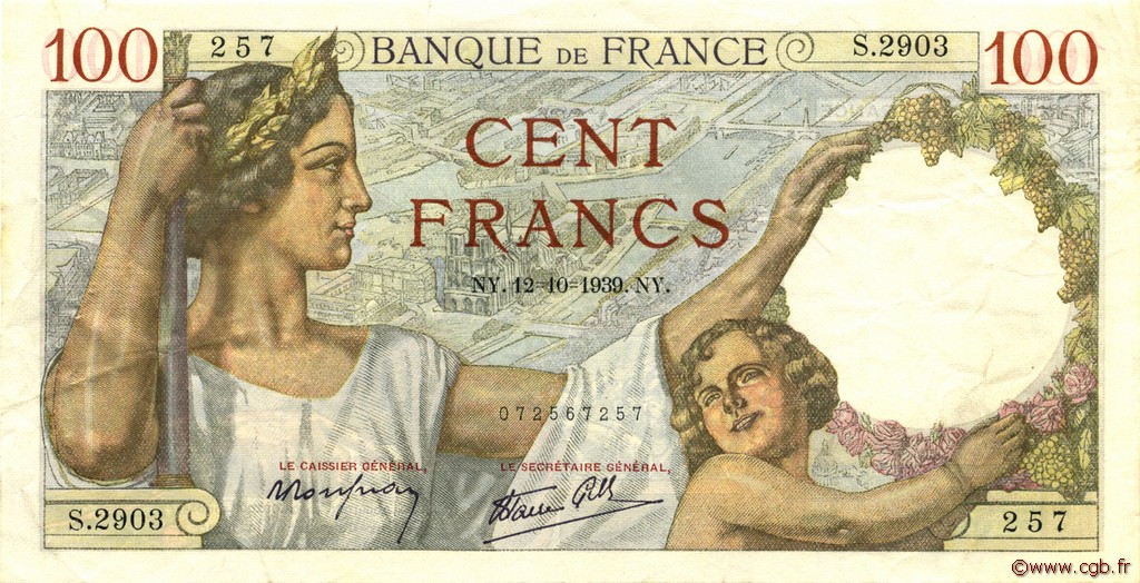 100 Francs SULLY FRANCE  1939 F.26.10 TTB+