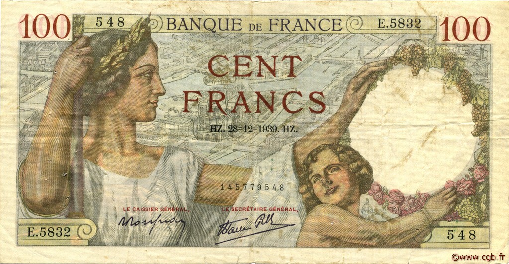 100 Francs SULLY FRANCE  1939 F.26.19 TB+