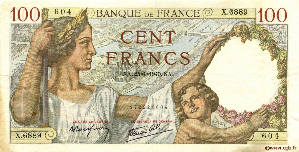 100 Francs SULLY FRANCE  1940 F.26.21 TTB+