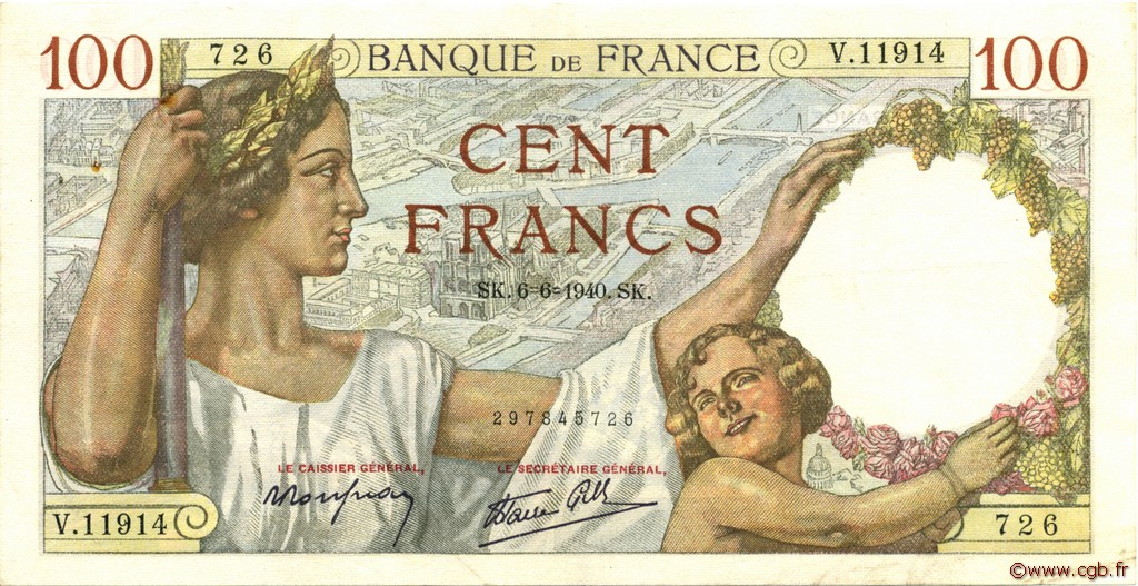 100 Francs SULLY FRANCE  1940 F.26.31 TTB+