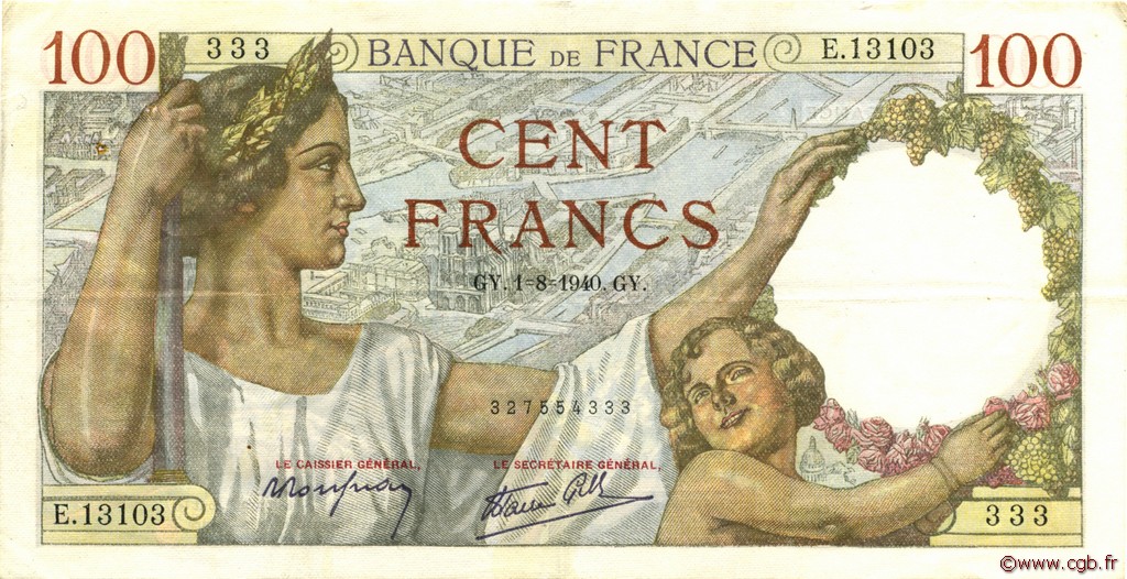 100 Francs SULLY FRANCE  1940 F.26.34 TTB+