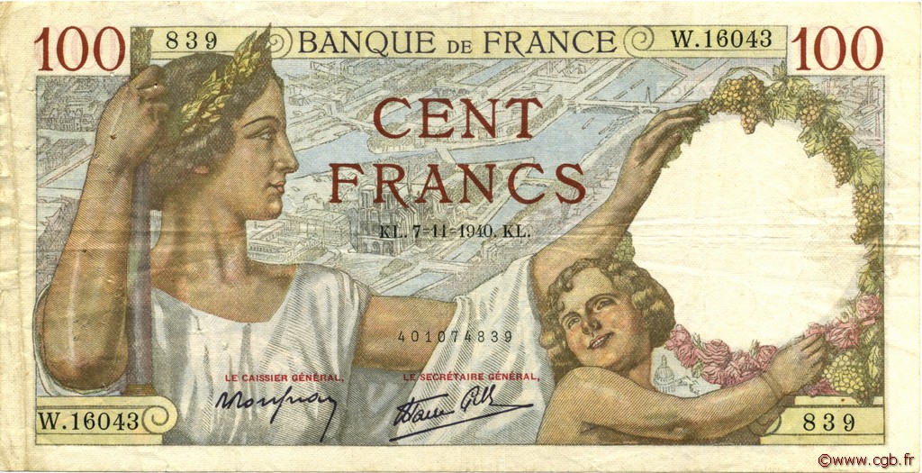 100 Francs SULLY FRANCE  1940 F.26.40 TTB