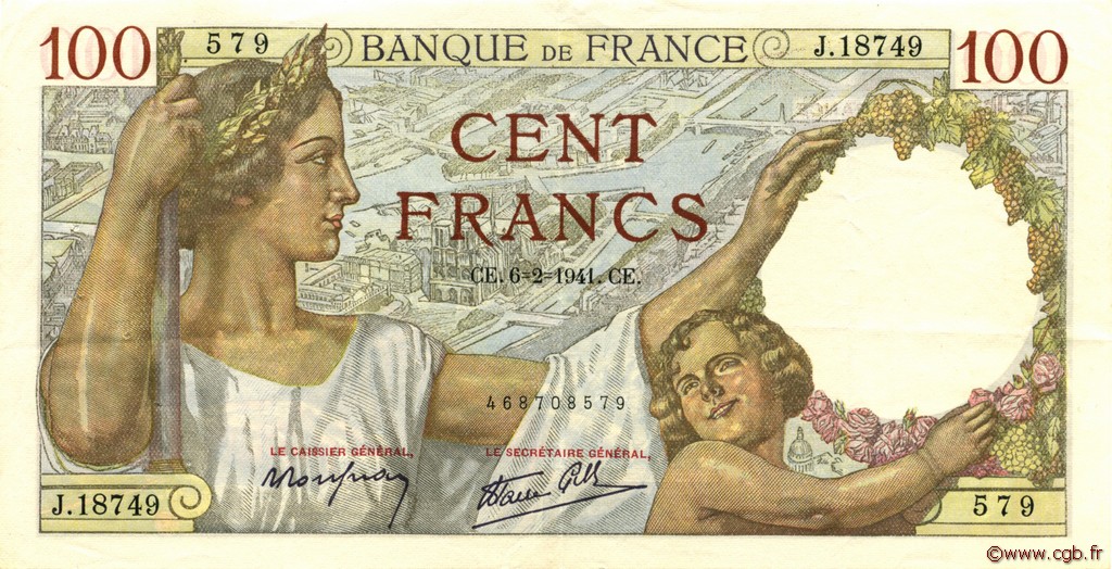 100 Francs SULLY FRANCE  1941 F.26.46 TTB+