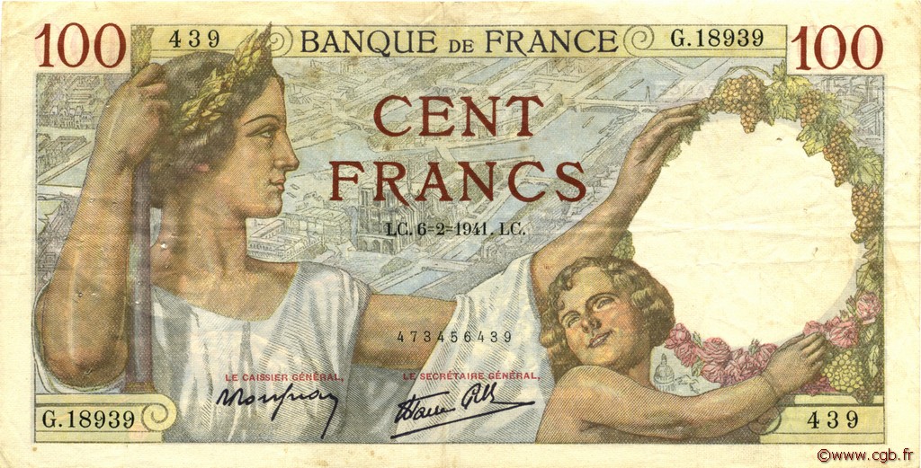 100 Francs SULLY FRANCE  1941 F.26.46 TTB