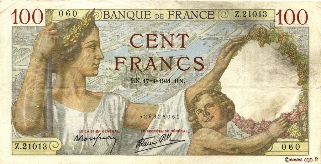 100 Francs SULLY FRANCE  1941 F.26.50 TTB