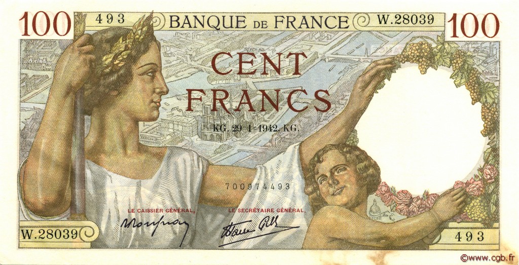 100 Francs SULLY FRANCE  1942 F.26.65 SPL