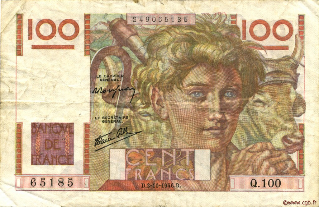 100 Francs JEUNE PAYSAN FRANCE  1946 F.28.09 TTB
