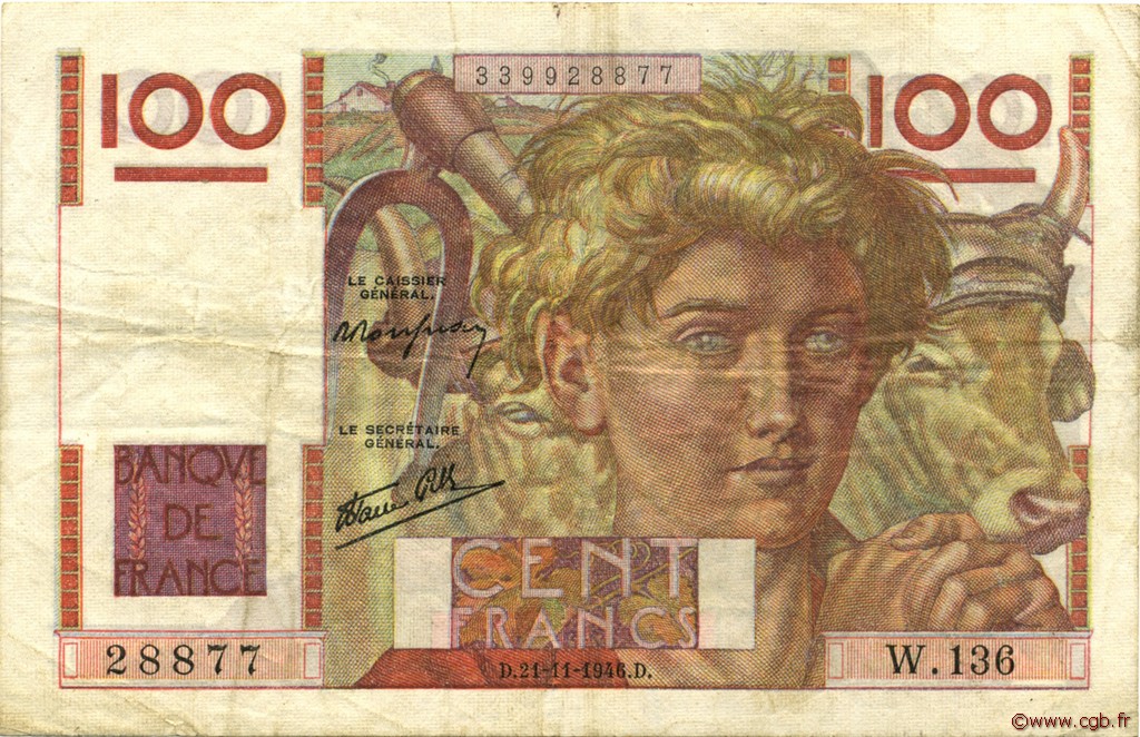 100 Francs JEUNE PAYSAN FRANCE  1946 F.28.11 TB+