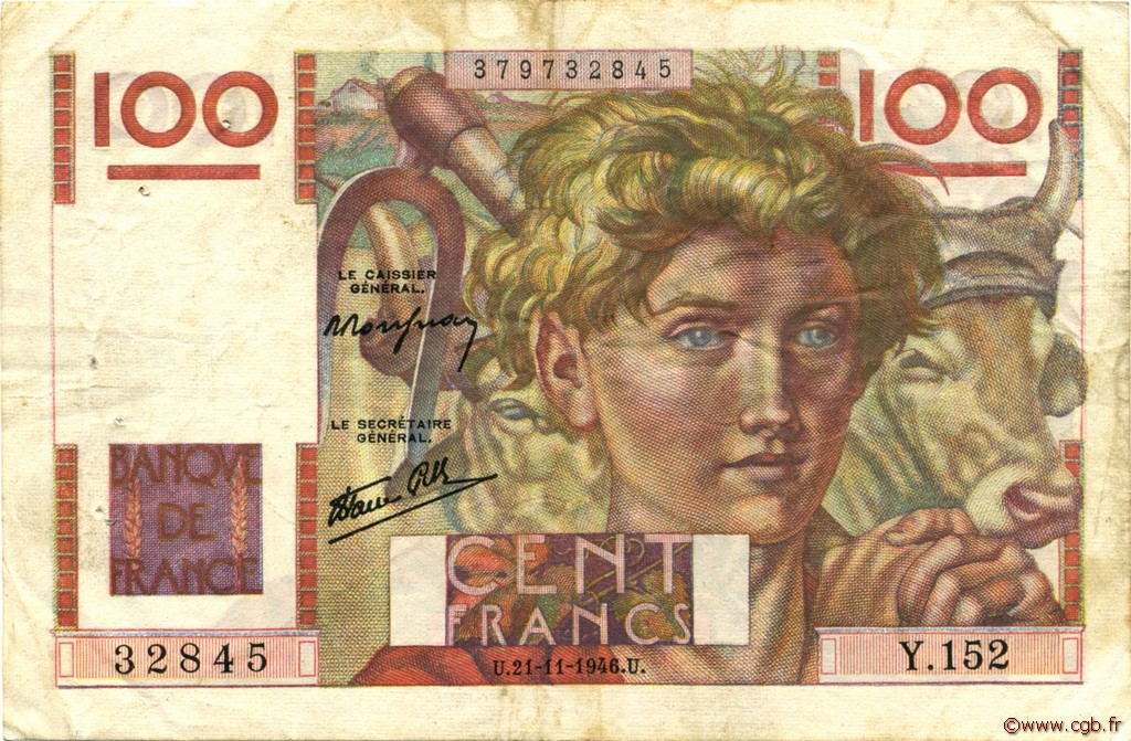 100 Francs JEUNE PAYSAN FRANCE  1946 F.28.11 pr.TTB