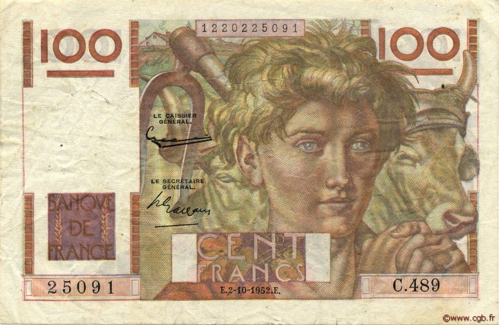 100 Francs JEUNE PAYSAN FRANCE  1952 F.28.34 TTB