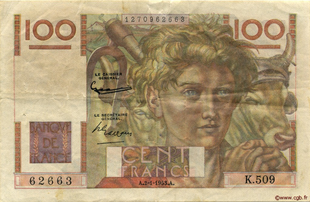 100 Francs JEUNE PAYSAN FRANCE  1953 F.28.35 TTB