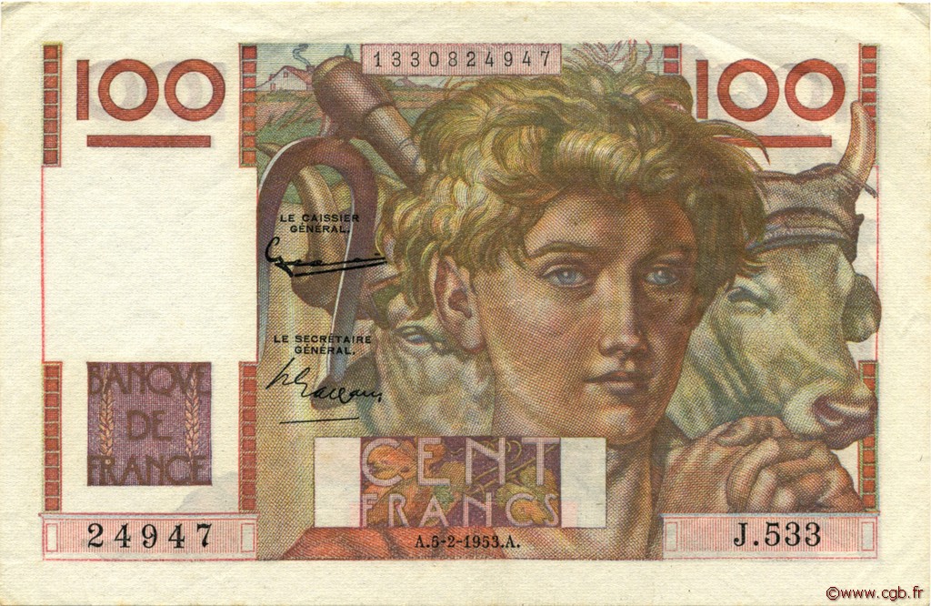 100 Francs JEUNE PAYSAN FRANCE  1953 F.28.36 pr.SUP