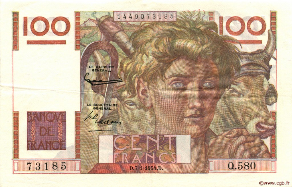 100 Francs JEUNE PAYSAN FRANCE  1954 F.28.41 pr.SUP