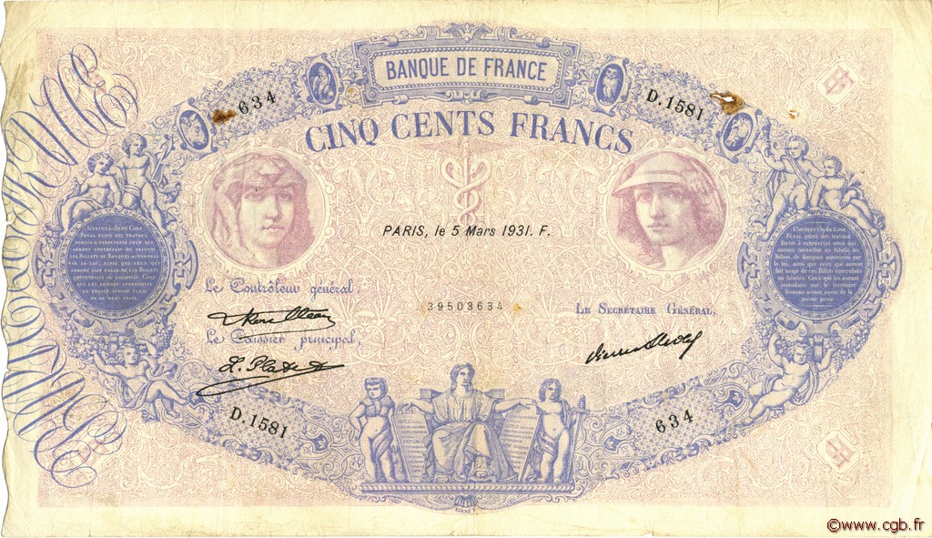 500 Francs BLEU ET ROSE FRANCE  1931 F.30.34 TB