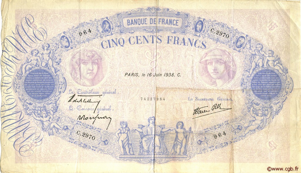 500 Francs BLEU ET ROSE modifié FRANCE  1938 F.31.15 TTB