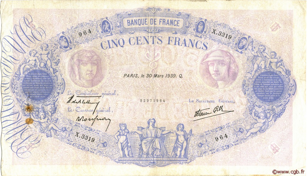 500 Francs BLEU ET ROSE modifié FRANCE  1939 F.31.29 pr.TB