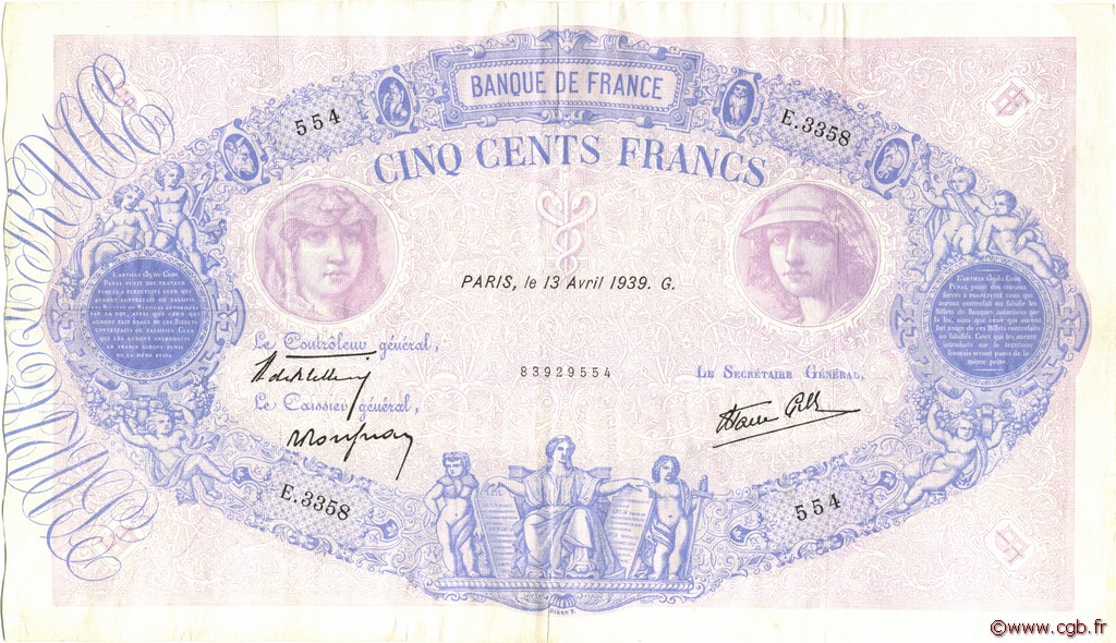 500 Francs BLEU ET ROSE modifié FRANCE  1939 F.31.31 TTB+