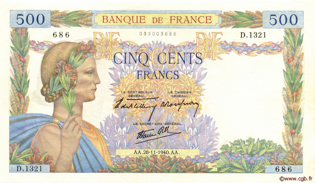 500 Francs LA PAIX FRANCE  1940 F.32.09 SUP+