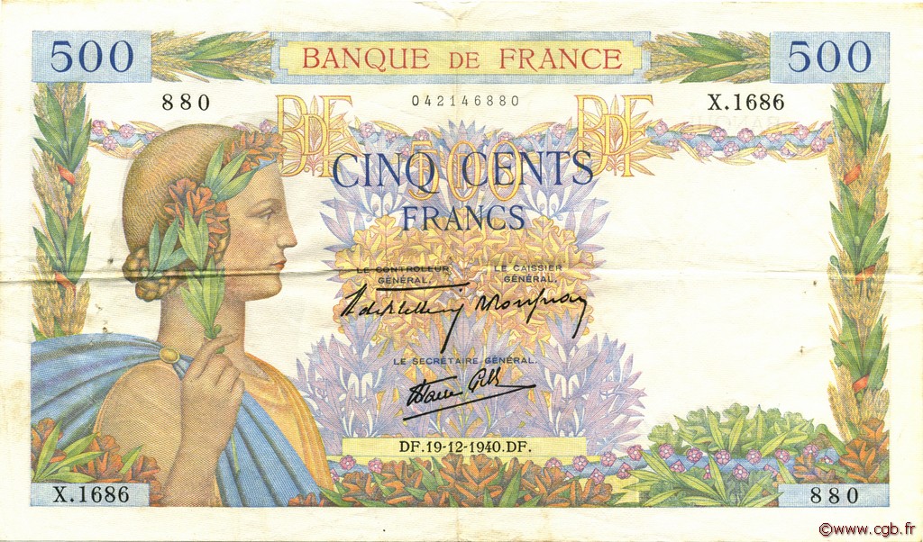 500 Francs LA PAIX FRANCE  1940 F.32.11 TTB