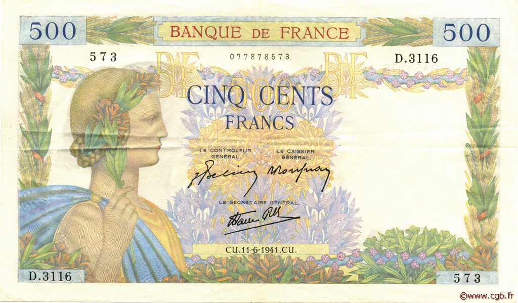 500 Francs LA PAIX FRANCE  1941 F.32.18 pr.SUP