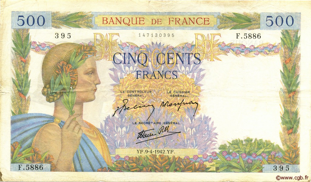 500 Francs LA PAIX FRANCE  1942 F.32.34 TTB