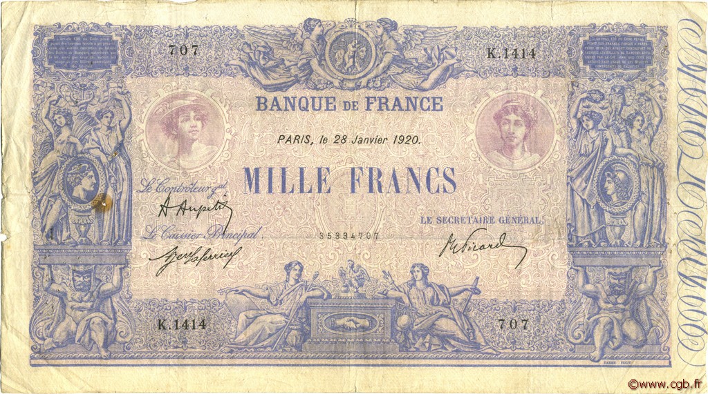 1000 Francs BLEU ET ROSE FRANCE  1920 F.36.35 B+